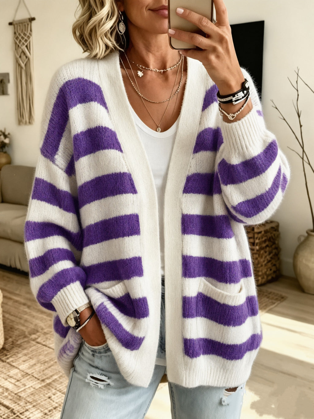 Women's Striped Cardigan Top with Pockets - Cozy Everyday Layer