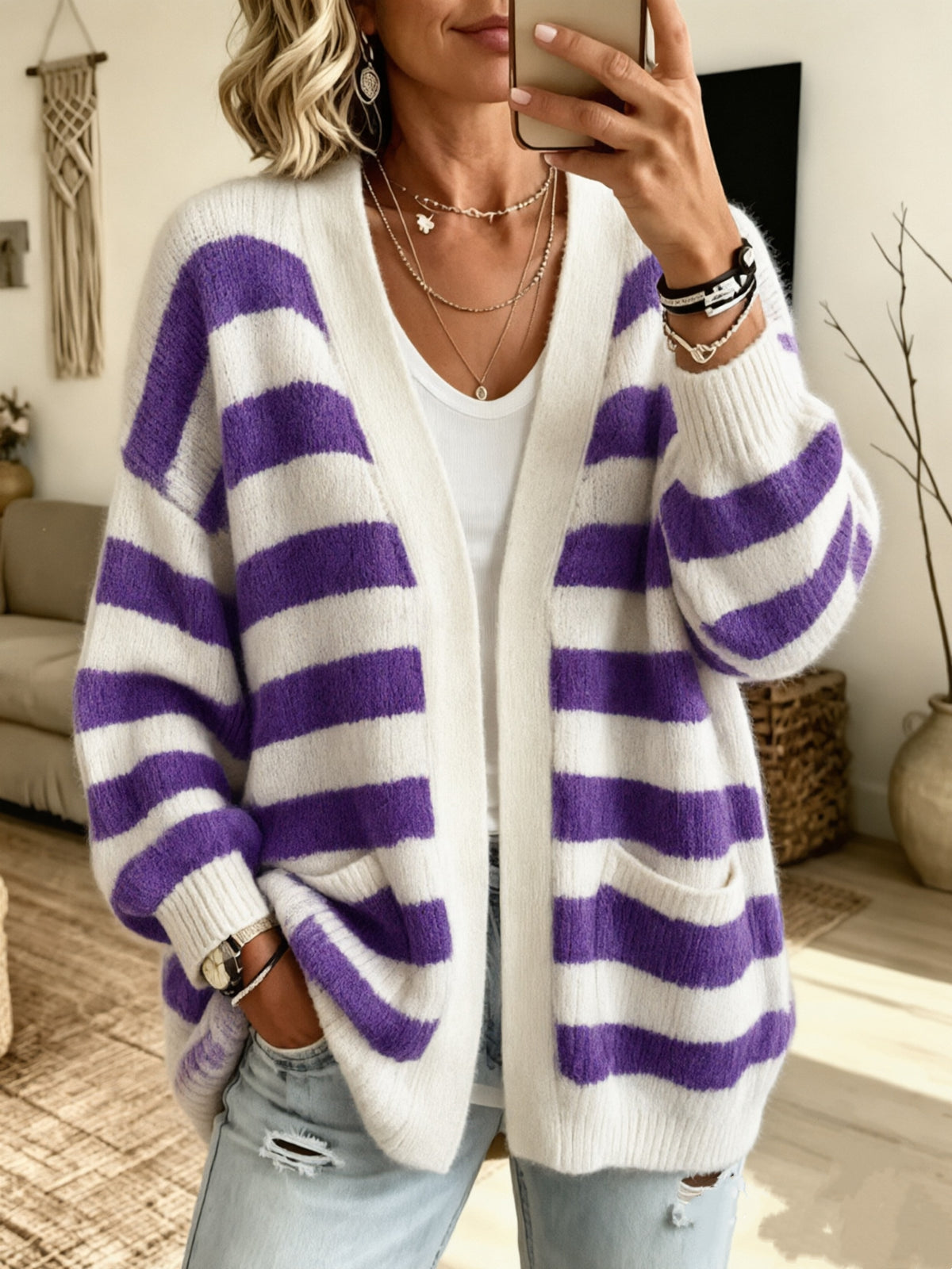 Women's Striped Cardigan Top with Pockets - Cozy Everyday Layer