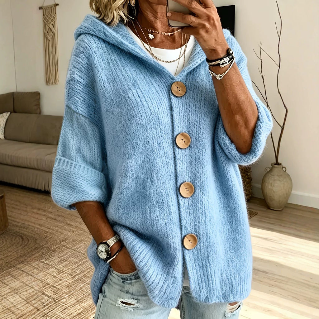 Women’s Solid Color Hooded Cardigan Sweater – Long Sleeve Button-Down Knit Casual Everyday Style