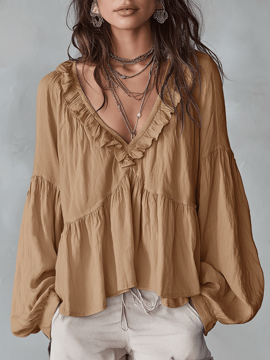 Women's Bohemian Ruffle Blouse – Airy Vintage-Inspired Long Sleeve Top