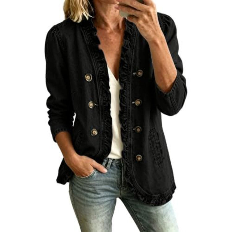 Women's Denim Jacket With Flounced Hem - Soft Casual Button Front Layer
