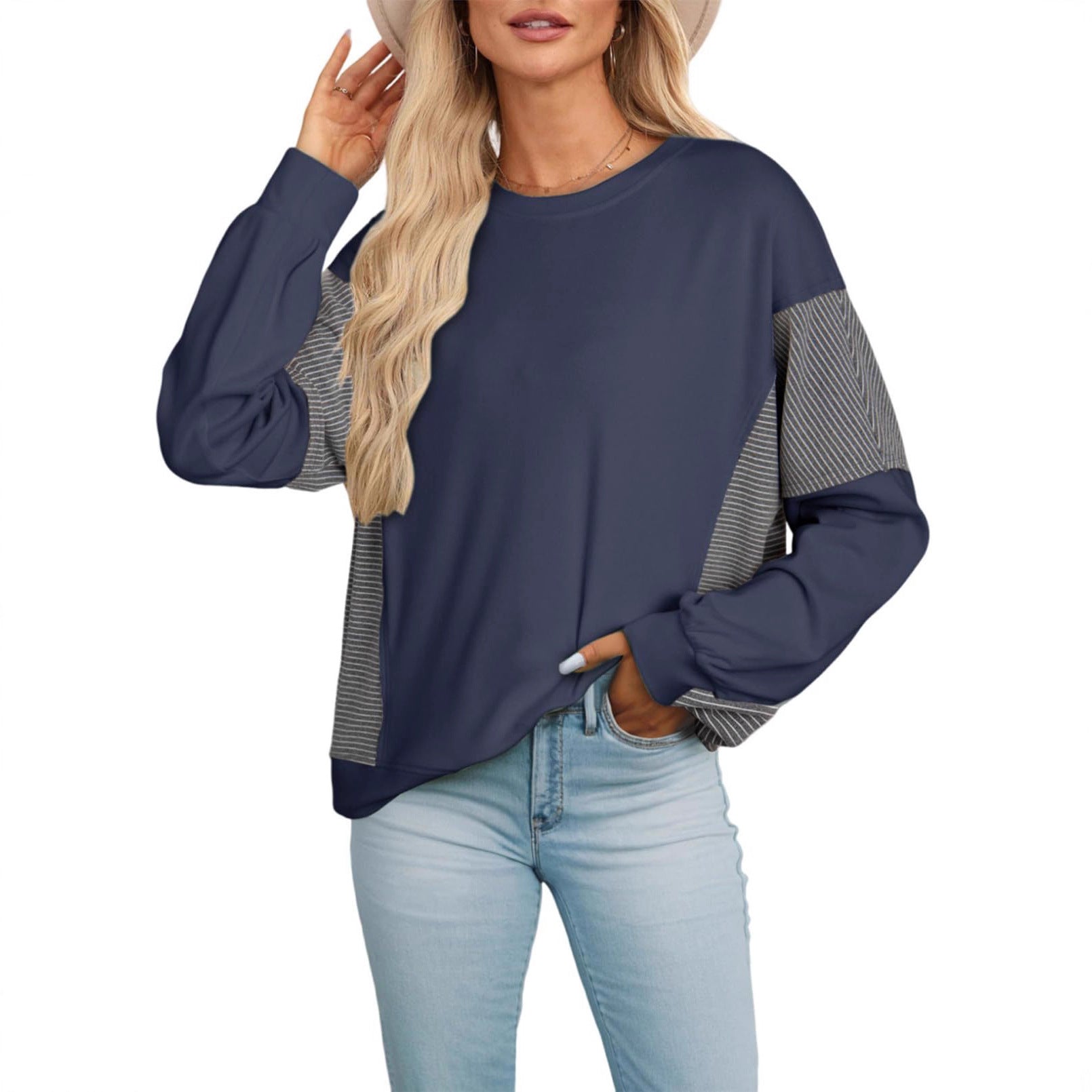 Women’s Color-Blocked Striped Sweatshirt – Casual Crew-Neck Long-Sleeve Sweater