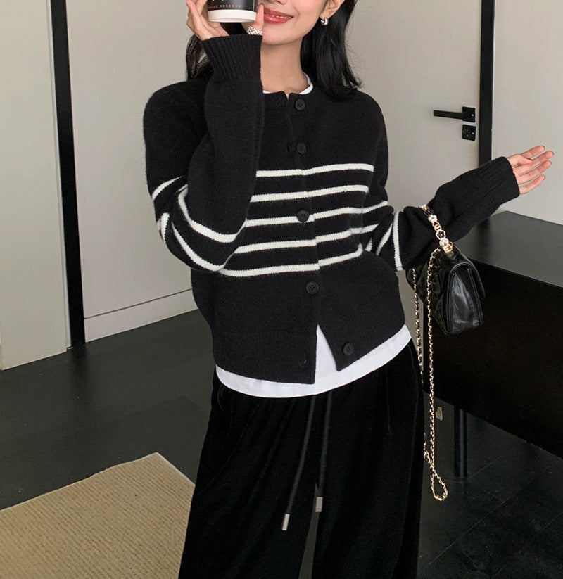 Women's Striped Crewneck Cardigan Sweater - Easy Casual Knit
