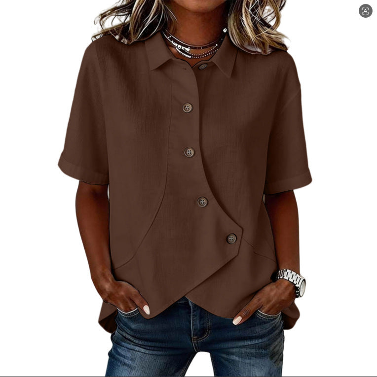Women's Irregular-Button Blouse – Relaxed Short-Sleeve Everyday Top