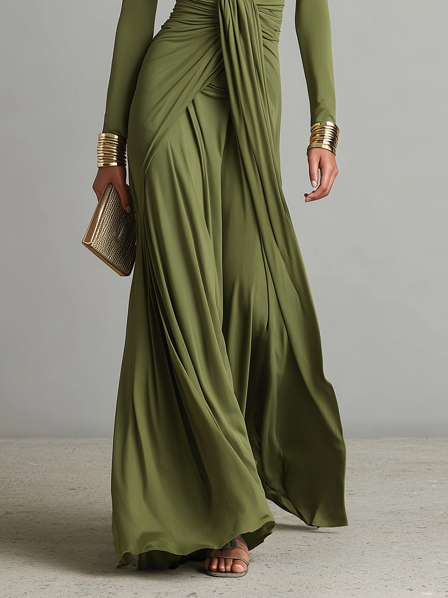 Women's Olive Silk Maxi Dress – Deep V-Neck Elegant Occasion Style