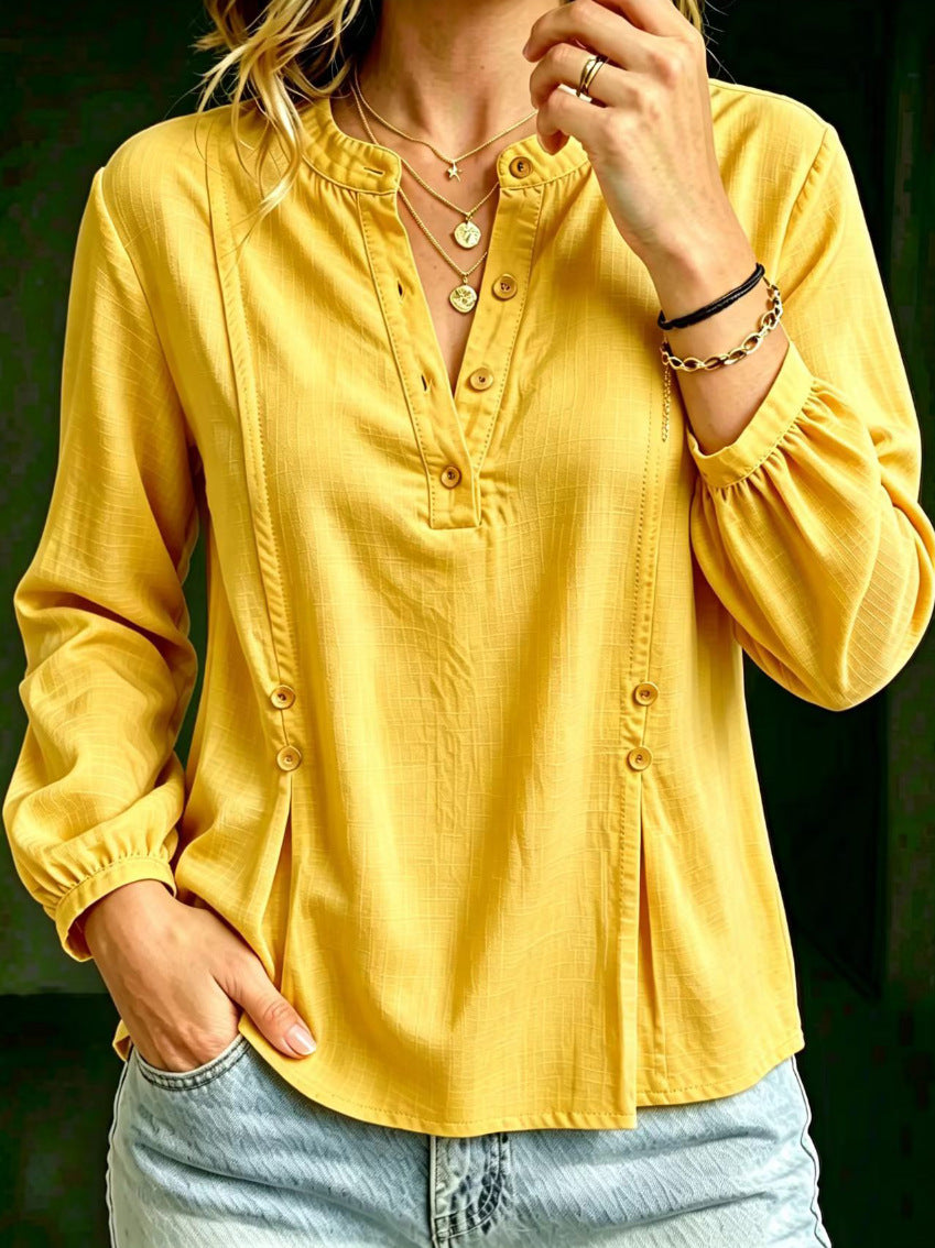 Women’s Cotton-Linen Mandarin Collar Shirt – Long Sleeve Casual Summer Style