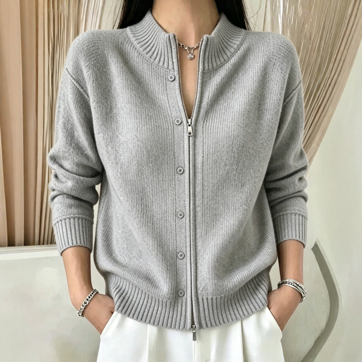 Zip-Up Crewneck Knit Sweater - Soft and Modern
