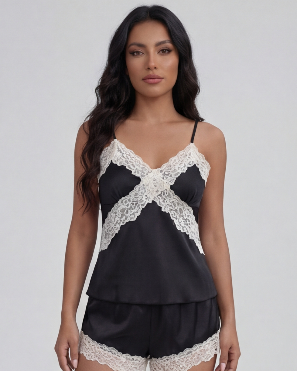 Women’s Stylish Satin Pajama Two-Piece Set – Lace Trim Cami Top and Shorts Sleepwear