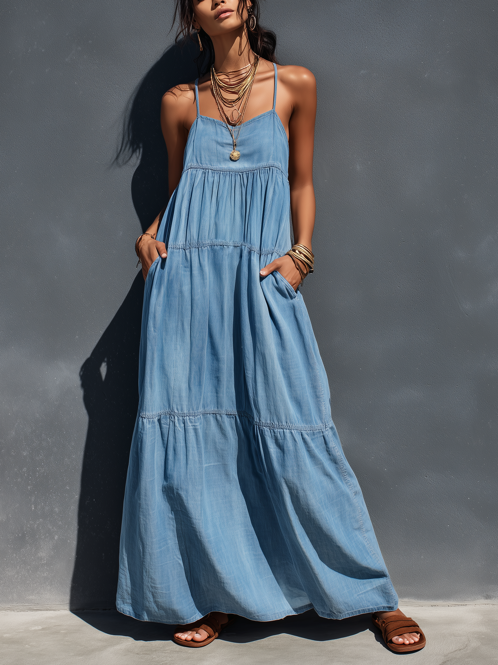 Women's Denim Maxi Dress – Stretch Loose-Fit Suspender Dress