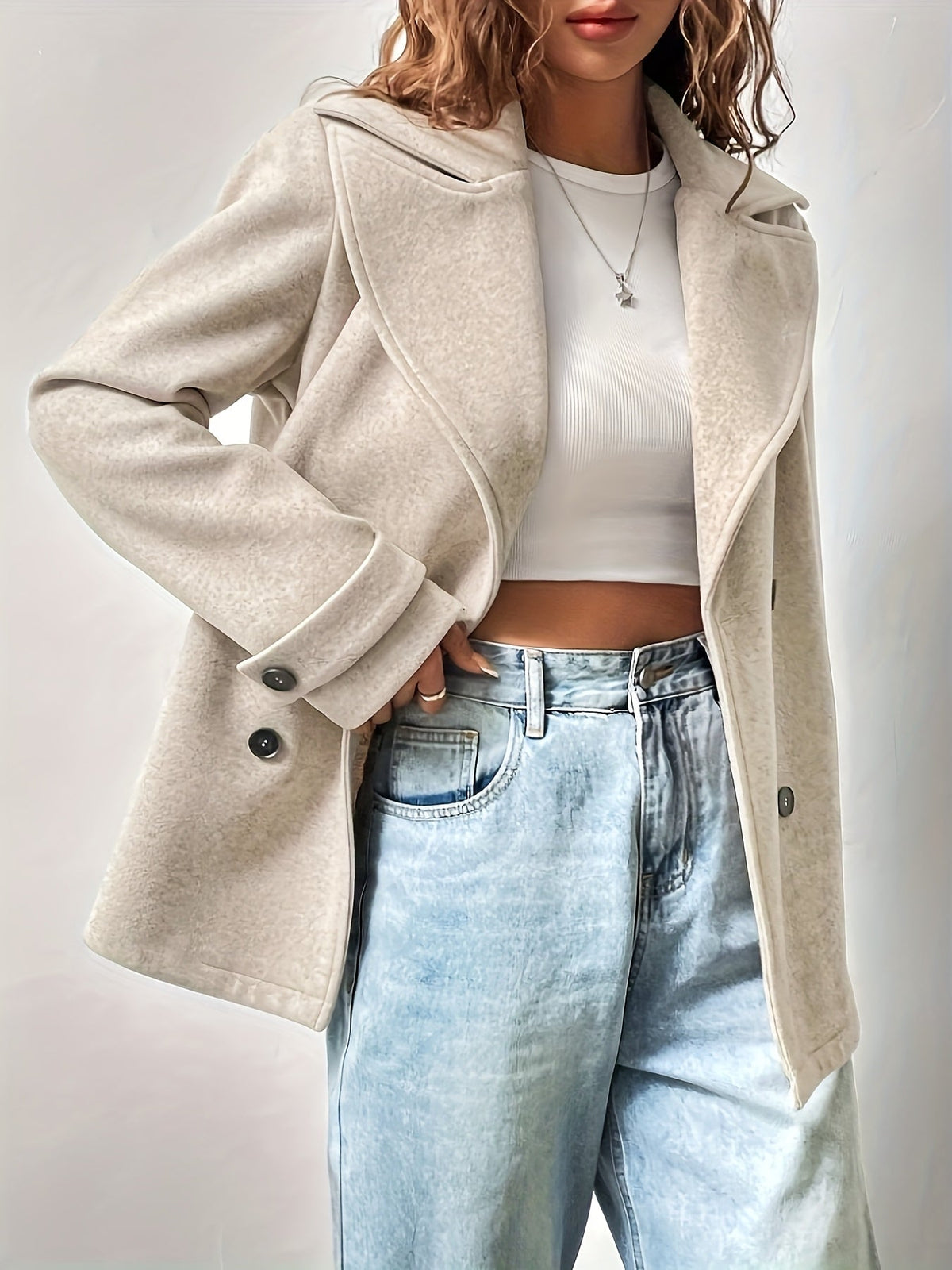 Women's Beige Pea Coat - Elegant and Oversized