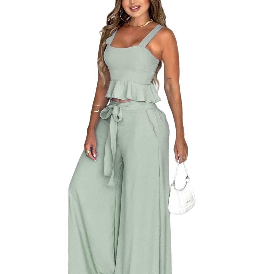 Women's Pleated Two-Piece Set - Strapless Top and Wide Leg Pants