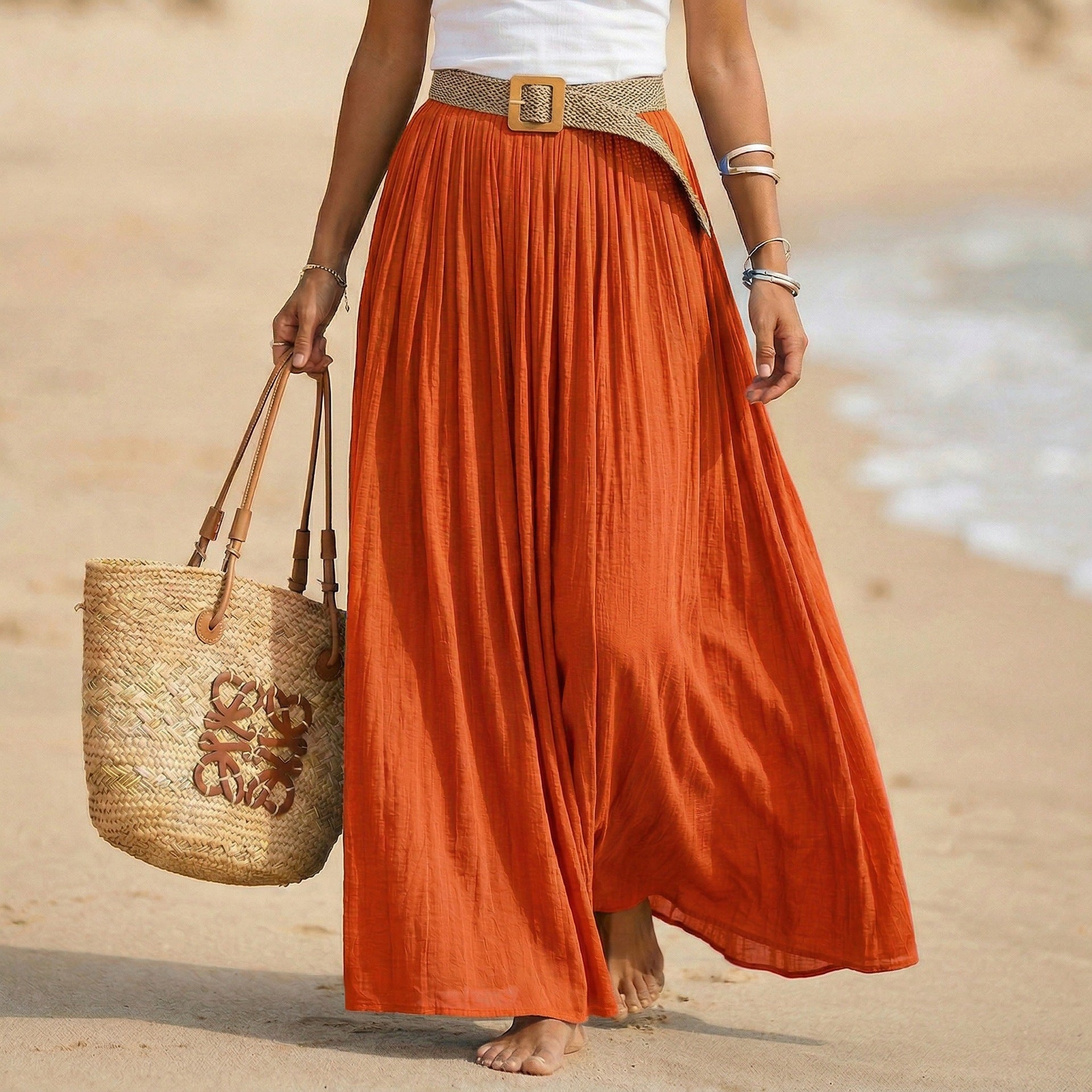 Women's Flared Maxi Dress - Elastic Waist Holiday Beach Dress