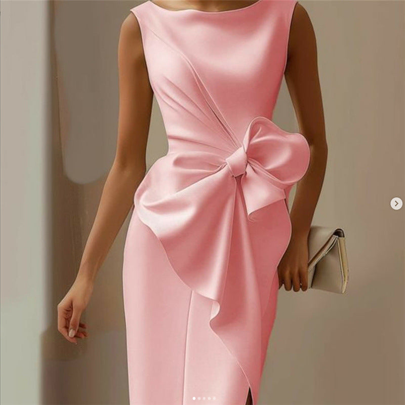 Women’s Solid-Color Bowknot Dress – Elegant Slim Sleeveless Casual & Office Party Outfit