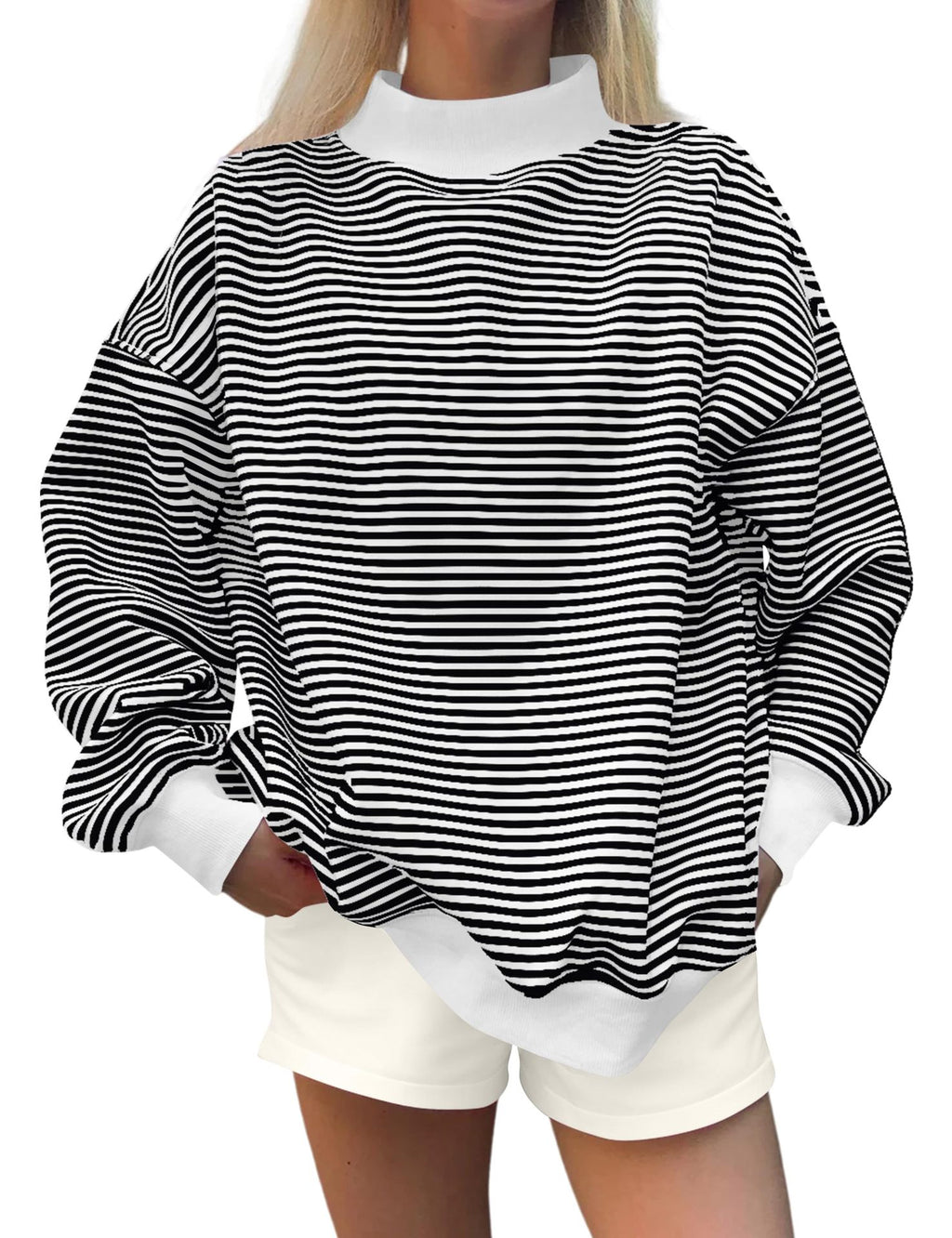 Women's Striped Crew Neck Sweater - Casual Relaxed Long Sleeve Knit