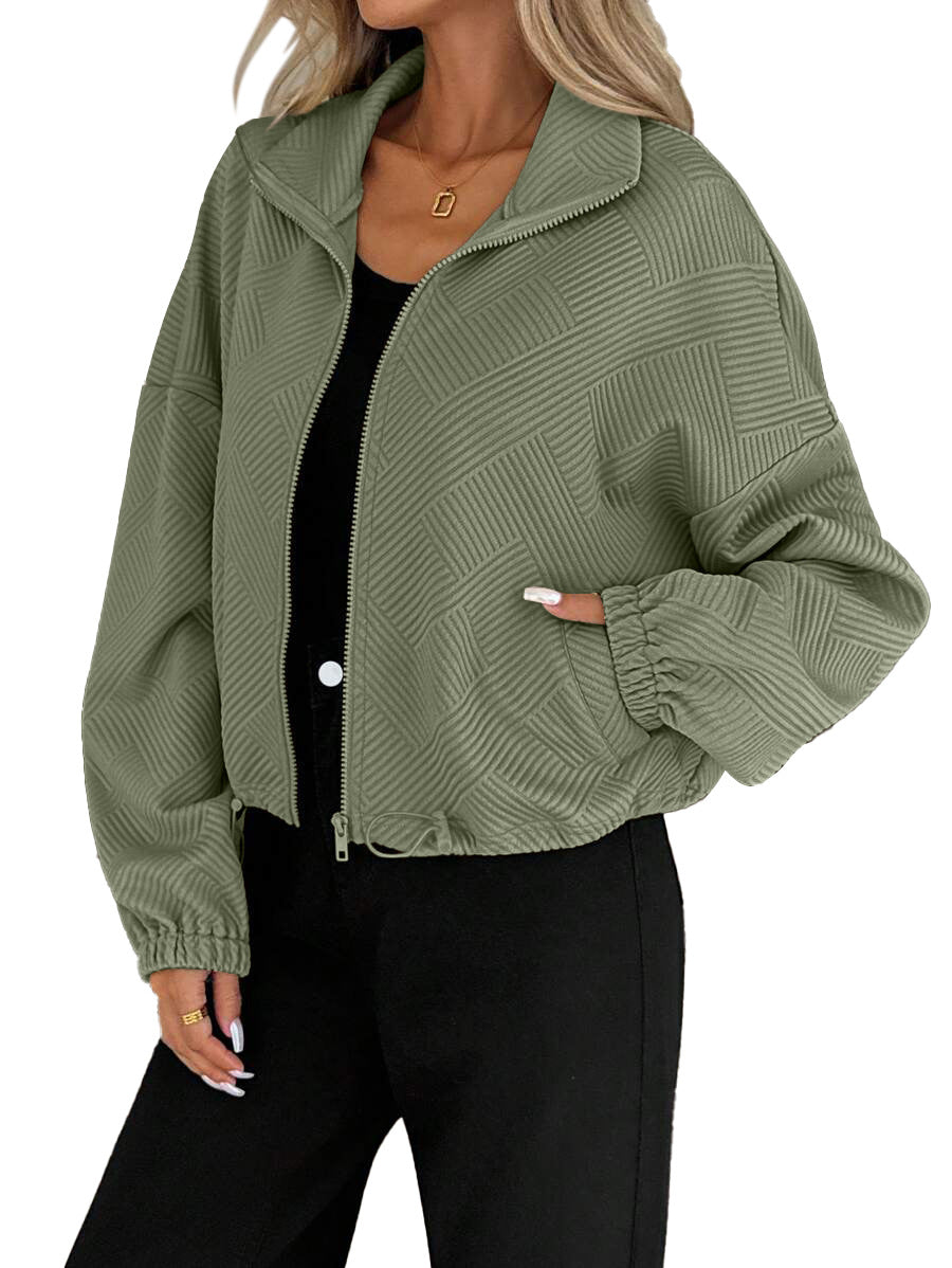 Women’s High-Collar Zipper Jacket – Loose-Fit Drawstring Hem Casual Autumn Winter Style