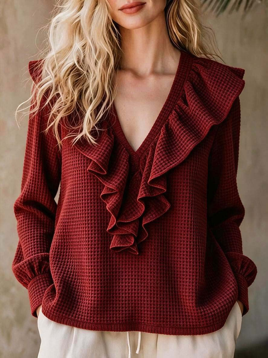 Waffle-Knit V-Neck Top - Soft and Feminine