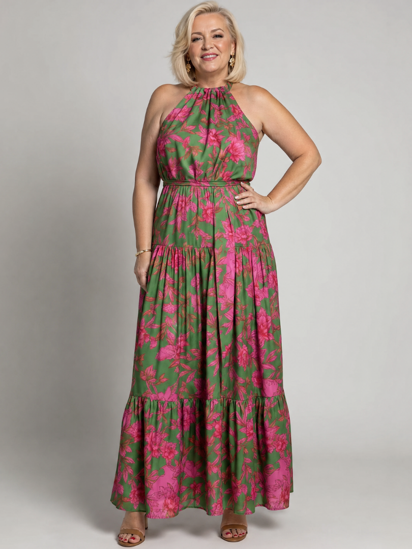 Women's Draped Halter Midi Dress - Soft Occasion Day to Night Style