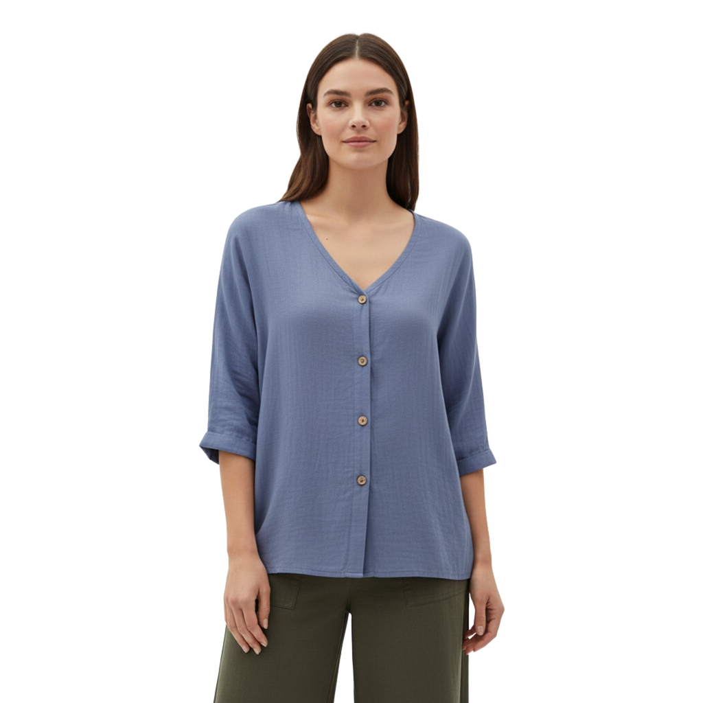 Women's V Neck Button Blouse – Linen Cotton 3/4 Sleeve Top