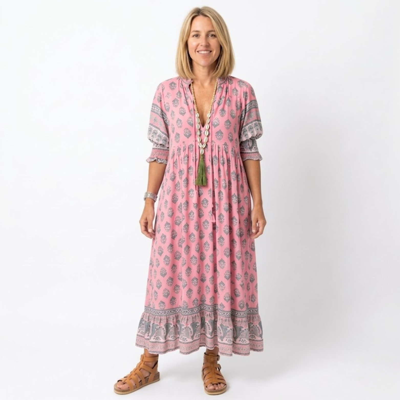 Women's Boho Floral Midi Dress – V-Neck Lantern Sleeve Dress