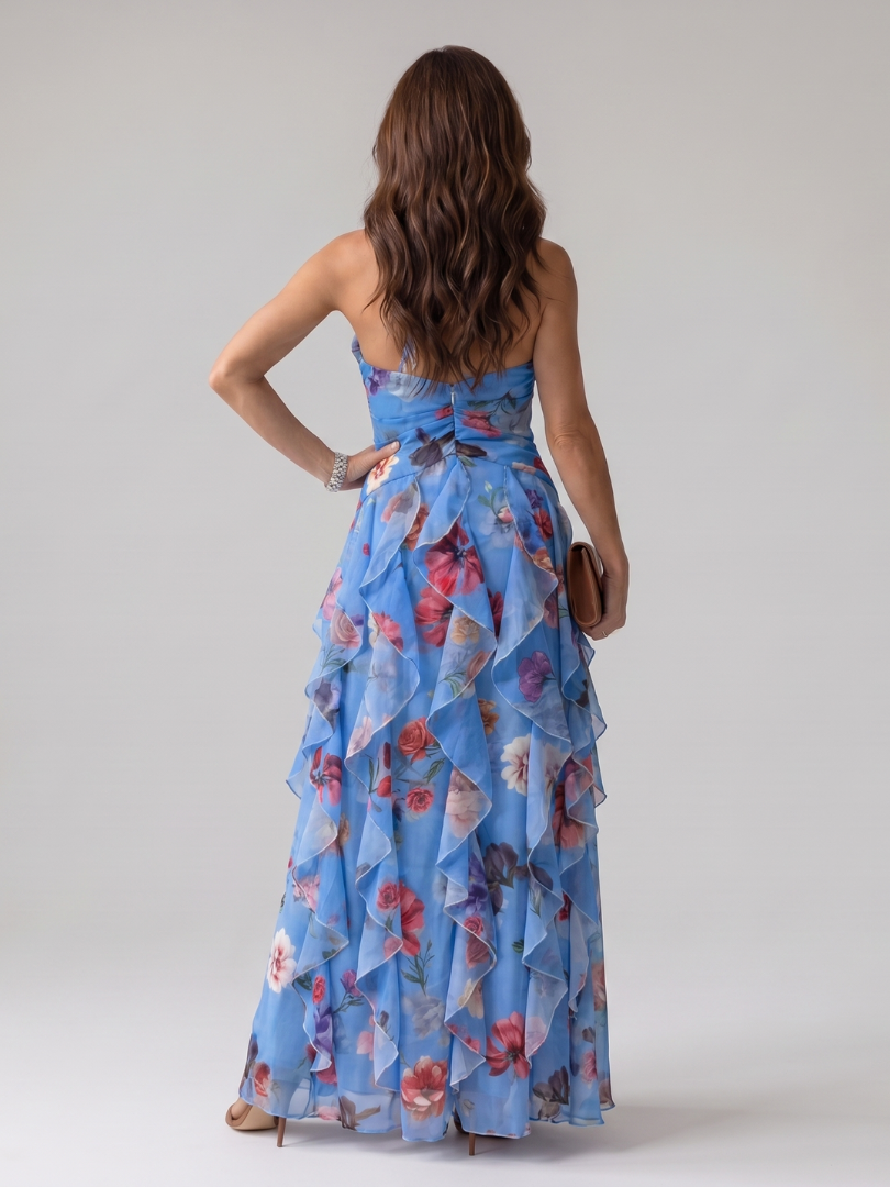 Women's Halter Neck Ruched Bodice Floral Maxi Dress - Elegant Occasion Flow