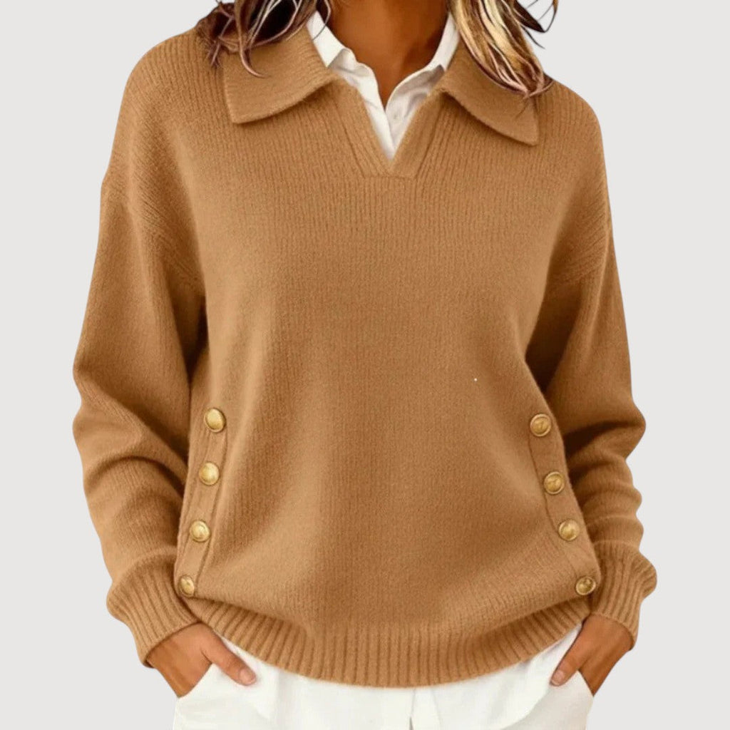 Women’s V-Neck Knit Sweater – Elegant Button-Detail Pullover
