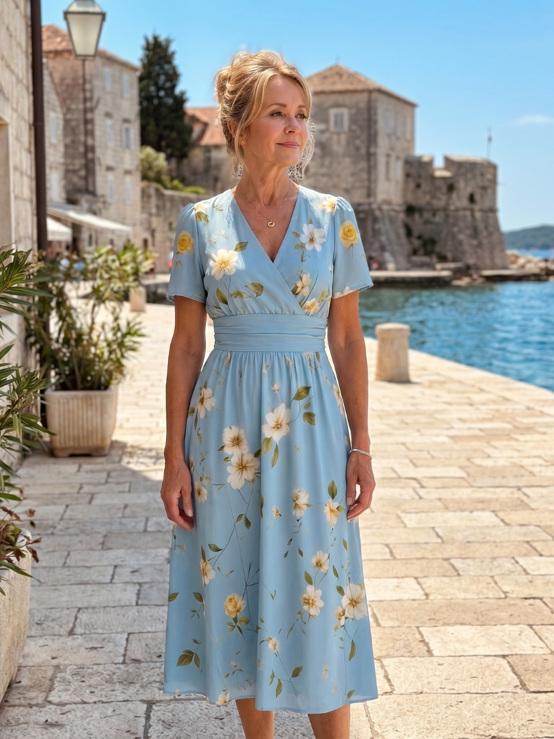 Women's Floral V-Neck Midi Dress – Short Sleeve Soft Summer Style