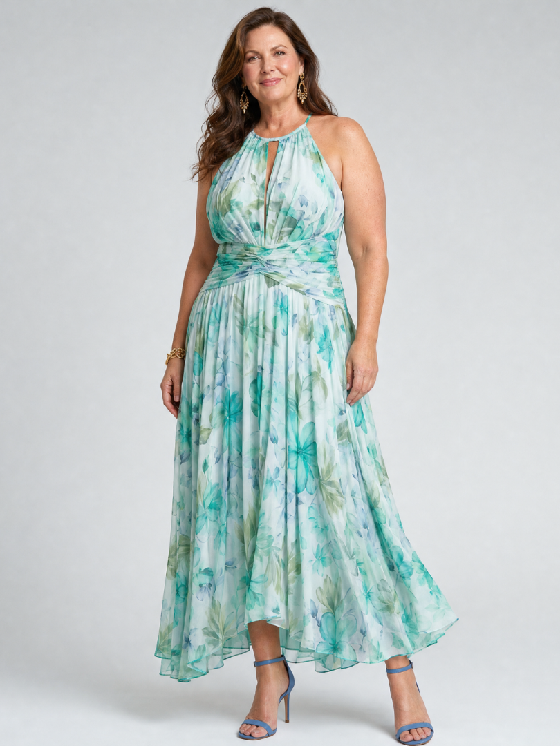 Women's Pleated Halter Soft Floral Pattern Midi Dress - Feminine Occasion Shape