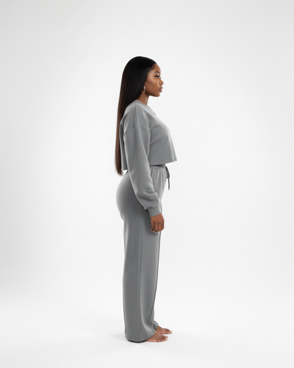 Women’s Charcoal Gray Soft Tracksuit – Two Piece Jogger Set with Cropped Sweatshirt