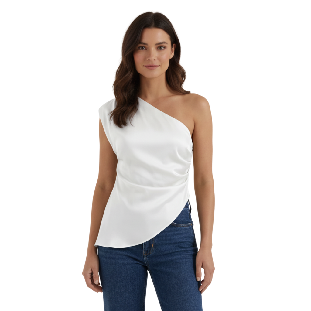 Women's One Shoulder Ruched Top – Sculptural Hem Elegant Blouse