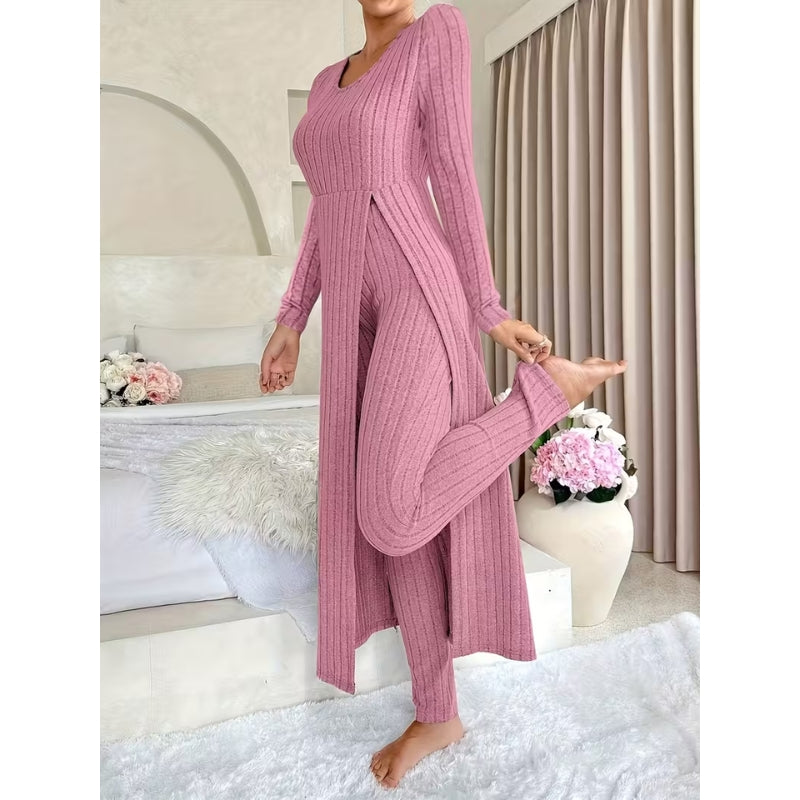 Women’s Ribbed Two-Piece Set – Split-Hem Longline Top and Wide-Leg Matching Pants