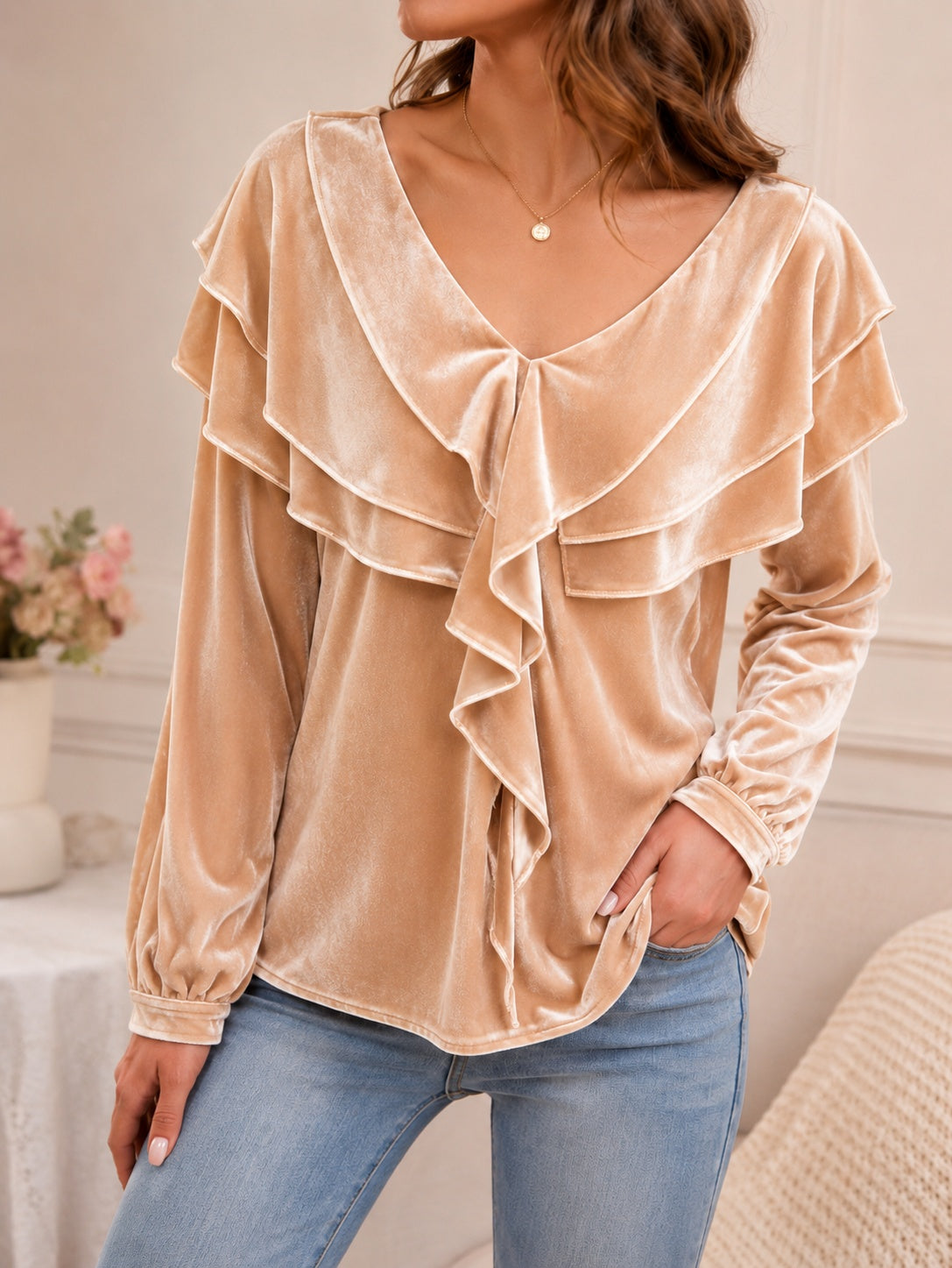 Women’s Velvet V-Neck Ruffled Top – Elegant Chic Feminine Style