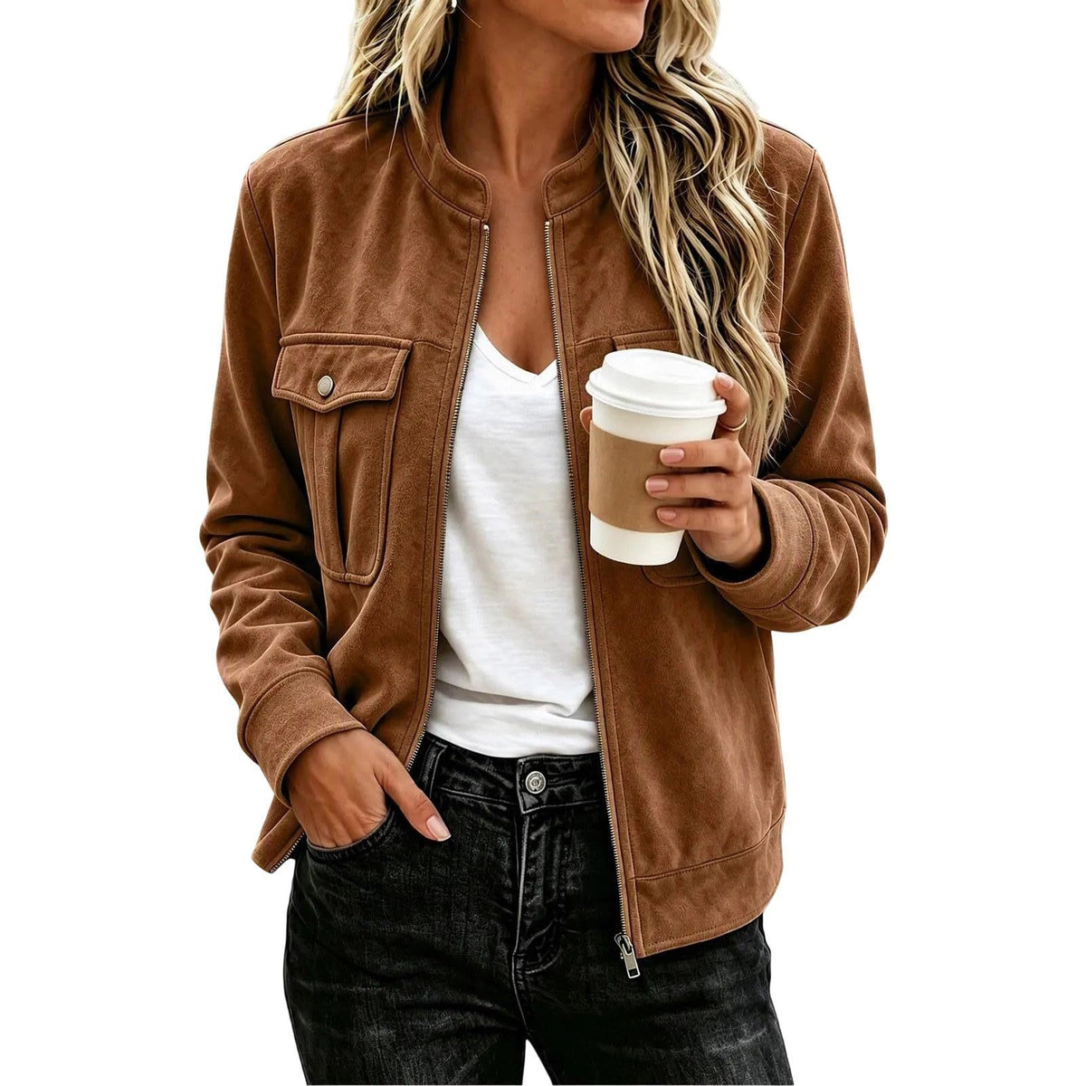 Women’s Suede-Look Zip Jacket - Casual and Elegant