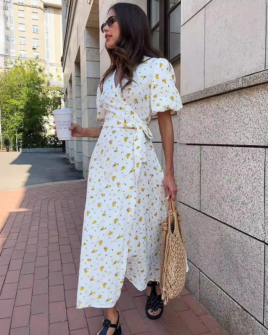 Women's Floral Tie-Front Maxi Dress – Elegant V-Neck Summer Dress