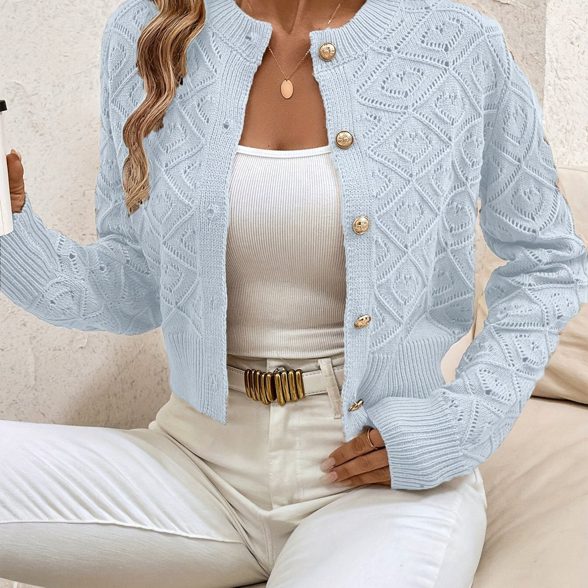 Buttoned Openwork Cardigan - Elegant and Light