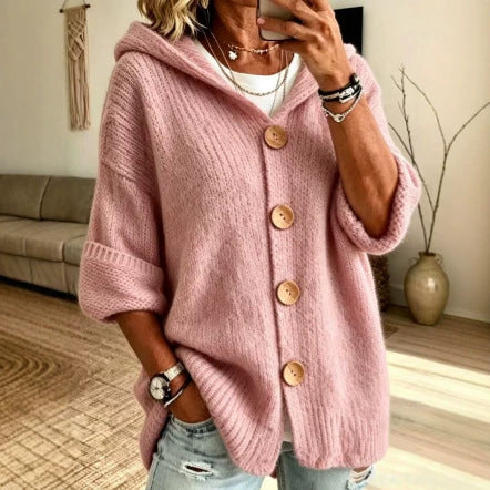 Women’s Solid Color Hooded Cardigan Sweater – Long Sleeve Button-Down Knit Casual Everyday Style