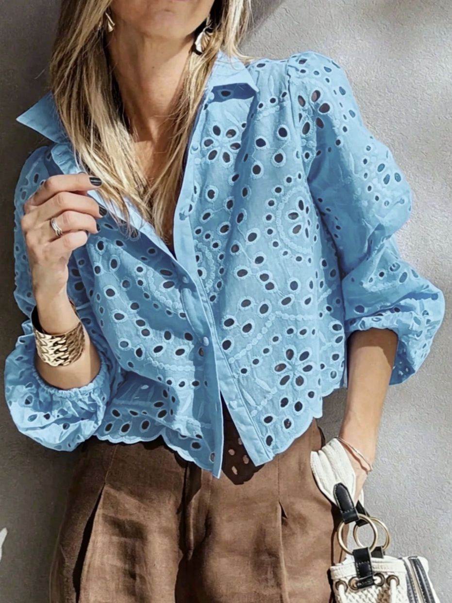 Women's Embroidered Short Shirt - Relaxed Hollow-Out Casual Blouse