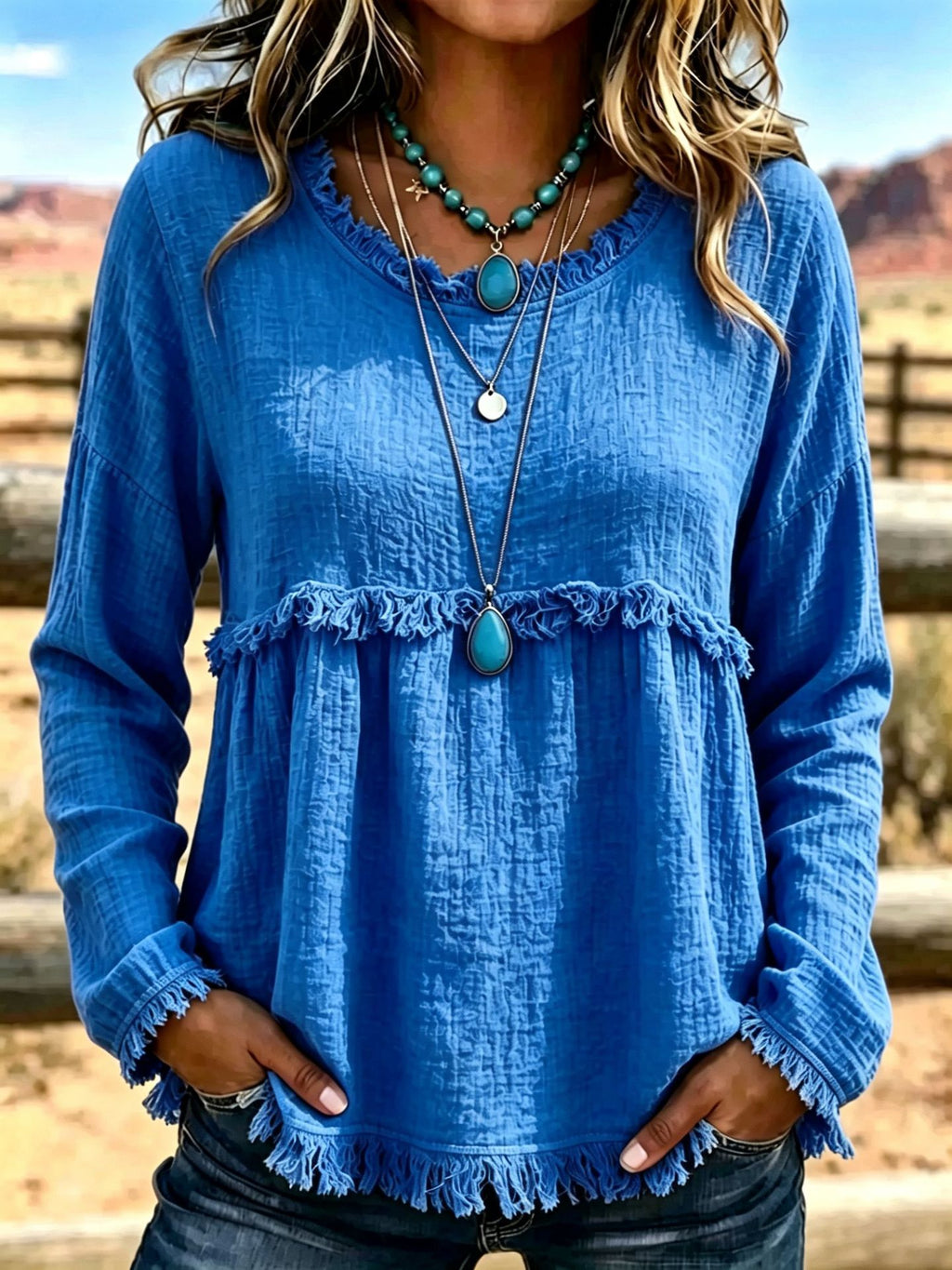 Women’s Vintage Tassel Crew Neck Top – Chic Long Sleeve Casual Style