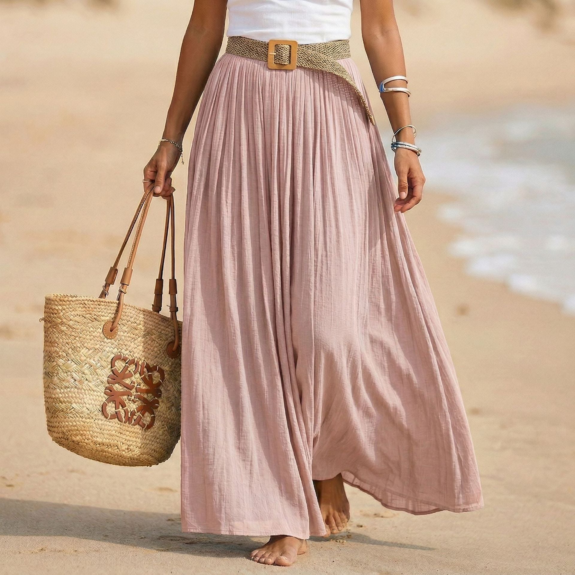Women's Flared Maxi Dress - Elastic Waist Holiday Beach Dress