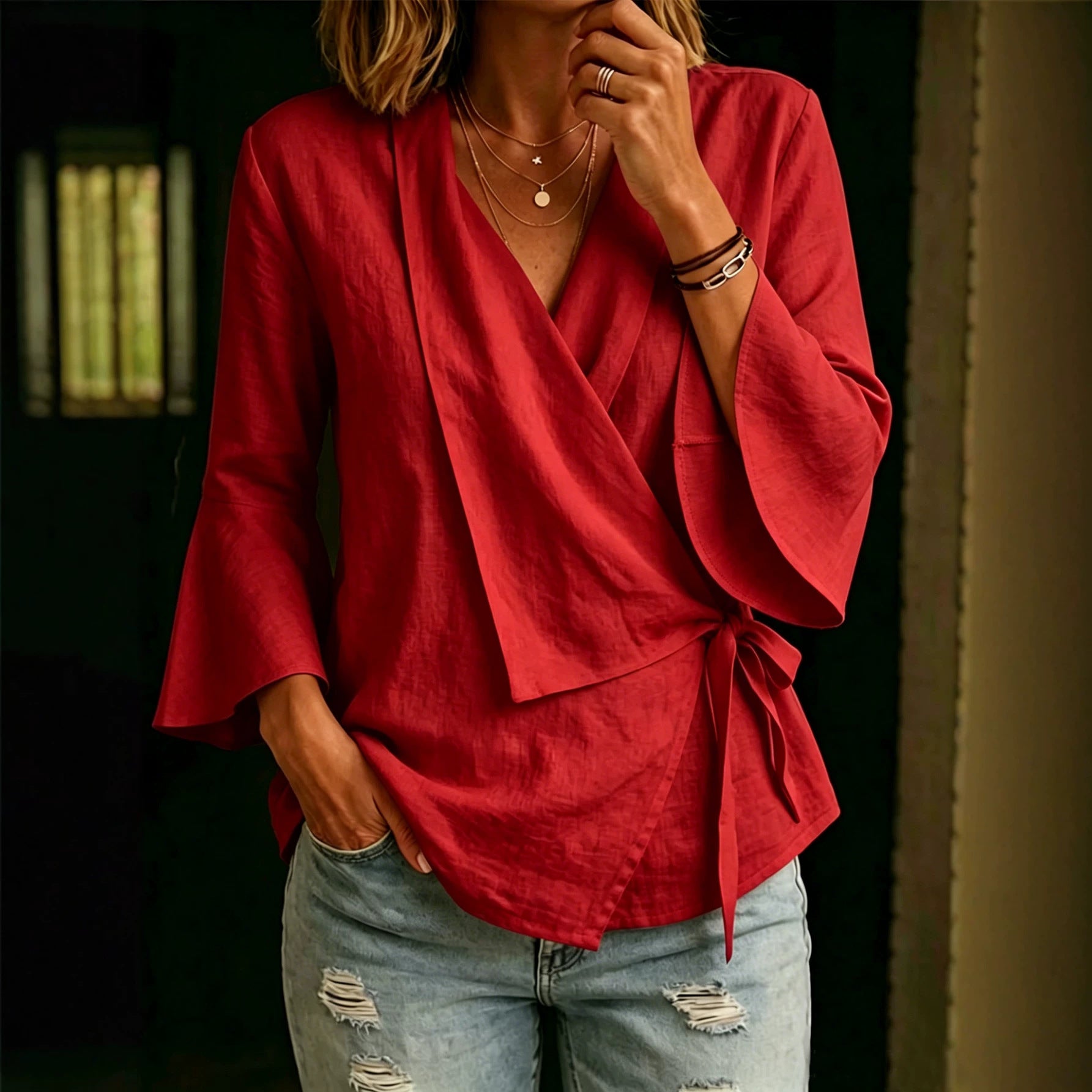 Women's Asymmetrical Tie Blouse - Flared Sleeve Notch Lapel Top
