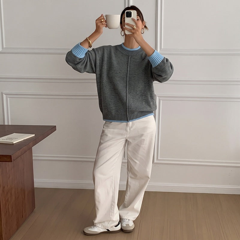 Half-Turtleneck Color-Block Sweater - Loose and Modern