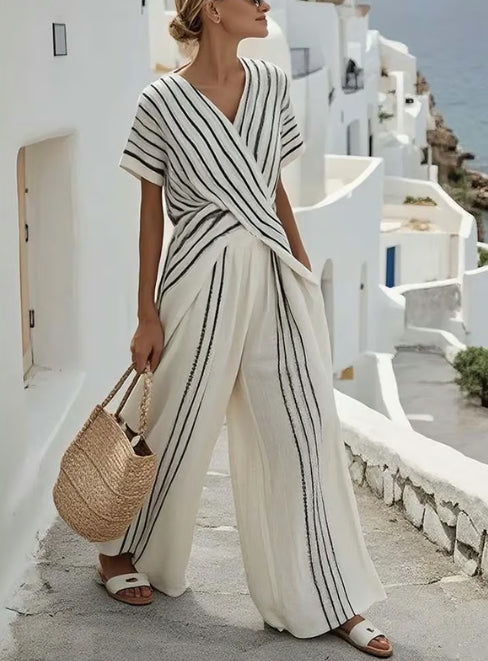 Women’s Crew-Neck Striped Two-Piece Set – Short-Sleeve Top and Straight/Wide-Leg Pants