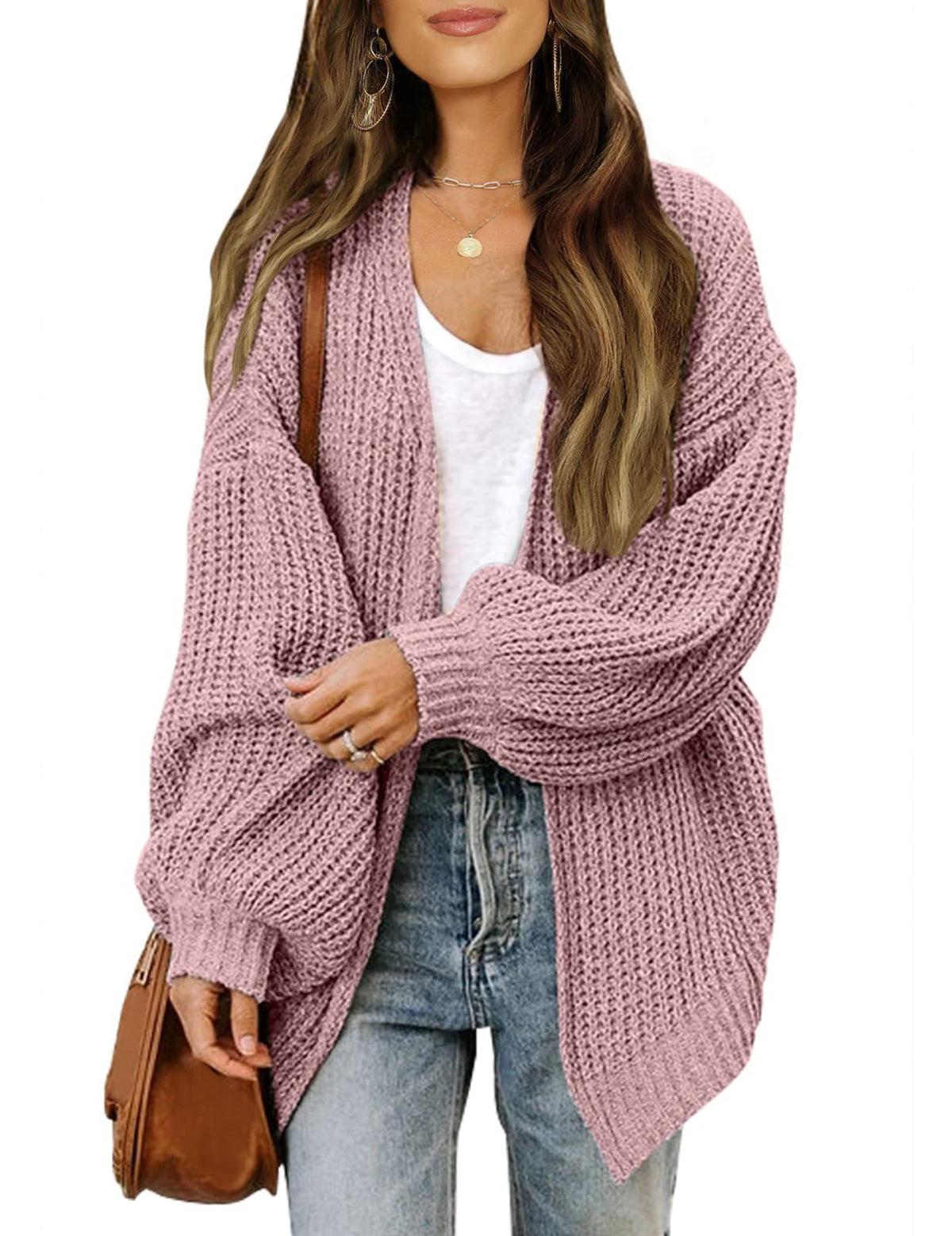 Women’s Chunky Knit Cardigan Coat – Lantern Sleeve Cozy Oversized Style