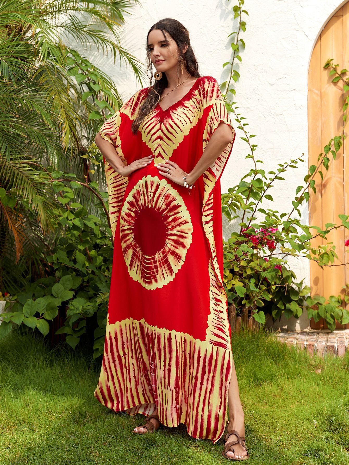 Women's Printed V-Neck Maxi Holiday Dress - Relaxed One Size Daywear