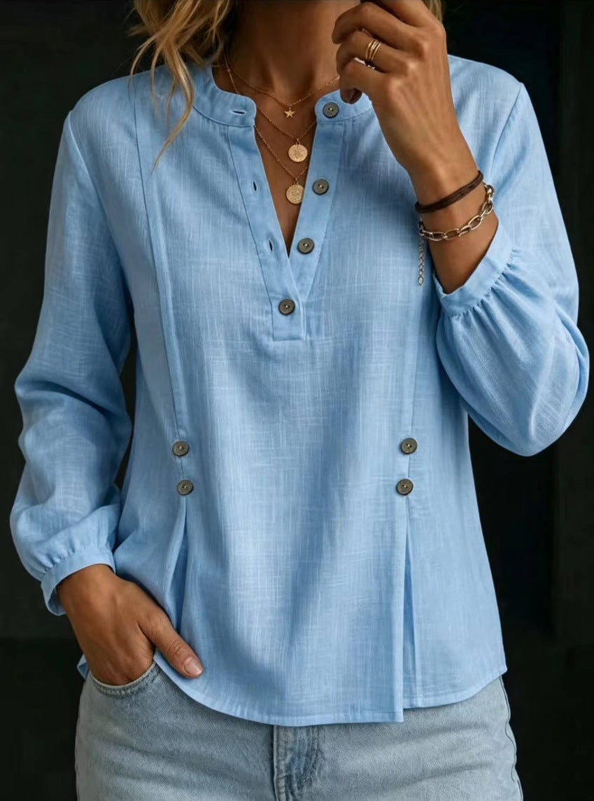 Women’s Cotton-Linen Mandarin Collar Shirt – Long Sleeve Casual Summer Style
