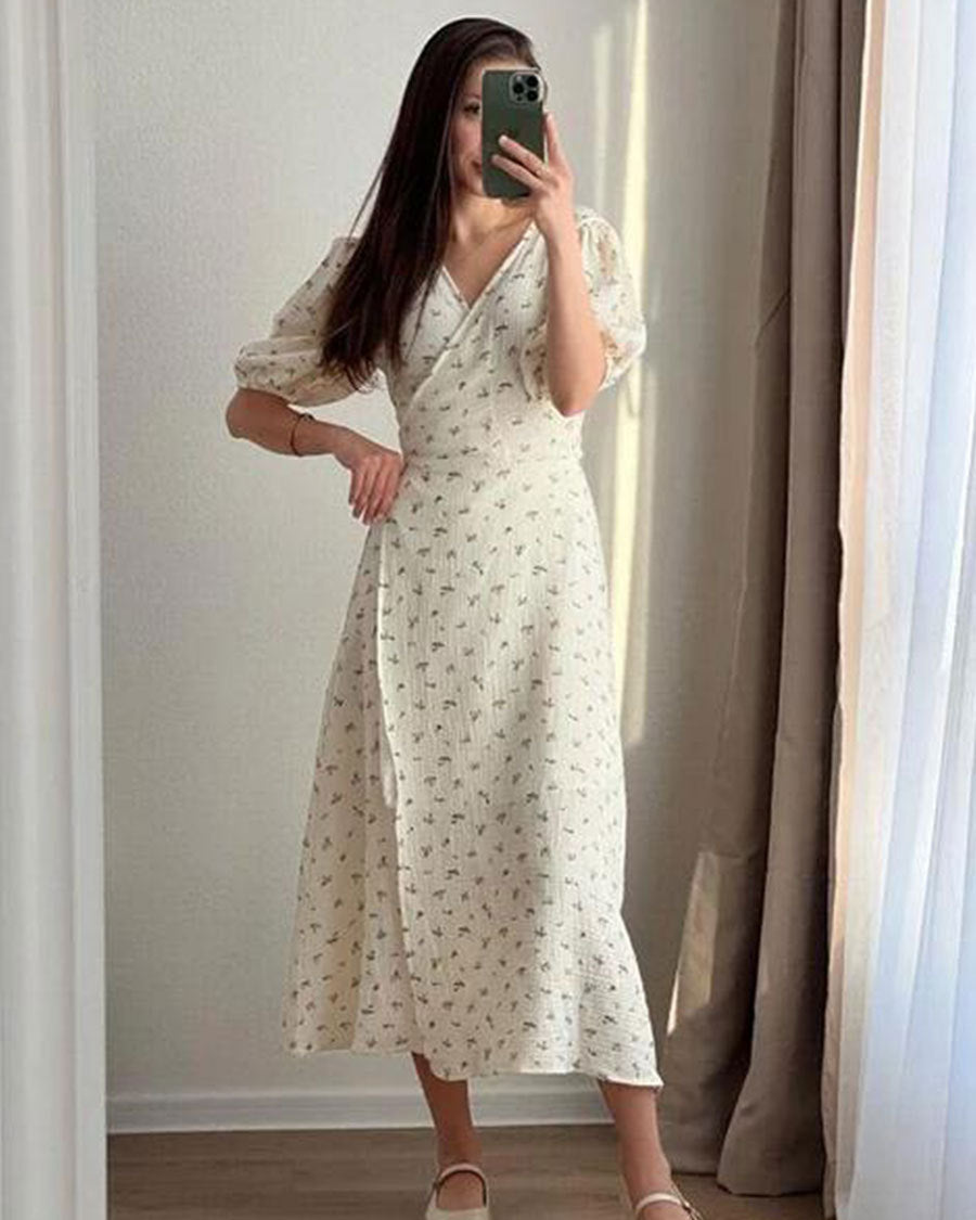 Women's Floral Tie-Front Maxi Dress – Elegant V-Neck Summer Dress