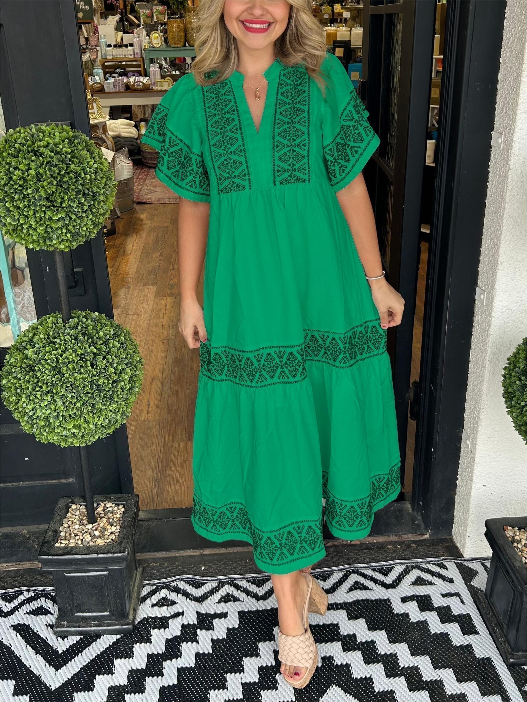Women's Embroidered V Neck Boho Maxi Dress – Flowy Vacation Dress