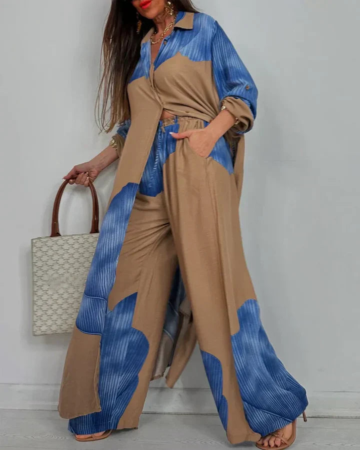 Women's Two-Piece Outfit Set - Button Shirt and Wide Leg Pants Matching Set