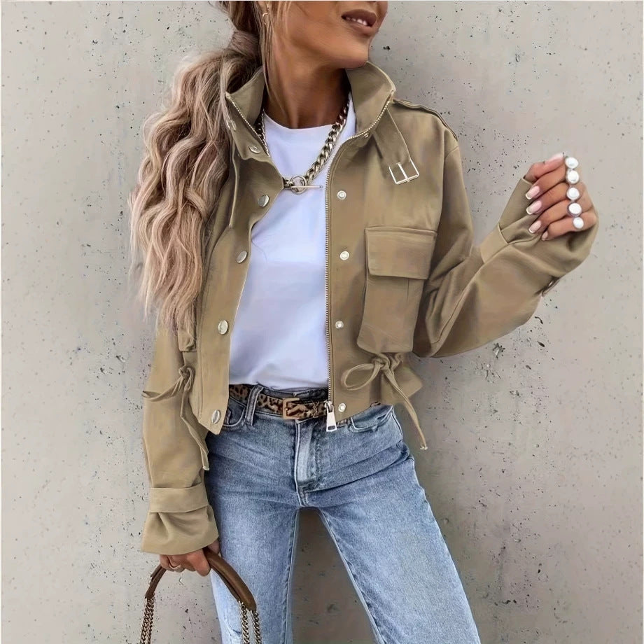 Women’s Long Sleeve Mandarin Collar Biker Jacket – Chic Vintage Casual Style