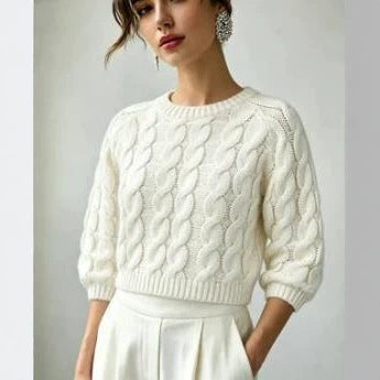 Milky-White Chunky-Knit Short-Sleeve Sweater - Soft and Cozy