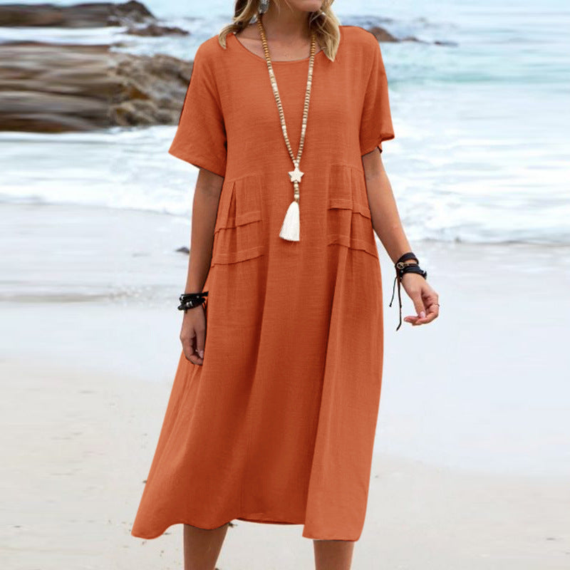 Women's Breathable Cotton-Linen Midi Dress – Relaxed Short-Sleeve Beach Style